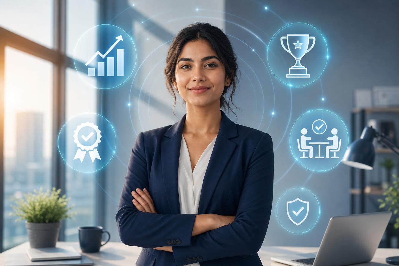 A confident professional surrounded by glowing achievement icons showing career growth, verified badges and interview readiness